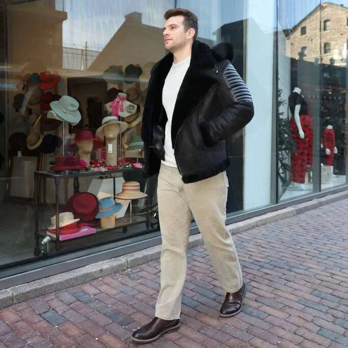 Lucas Black Aviator bomber shearling jacket with Hoodie
