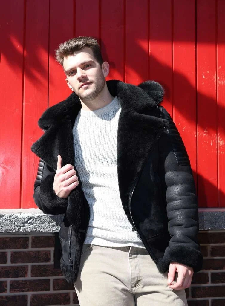 Lucas Black Aviator bomber shearling jacket with Hoodie