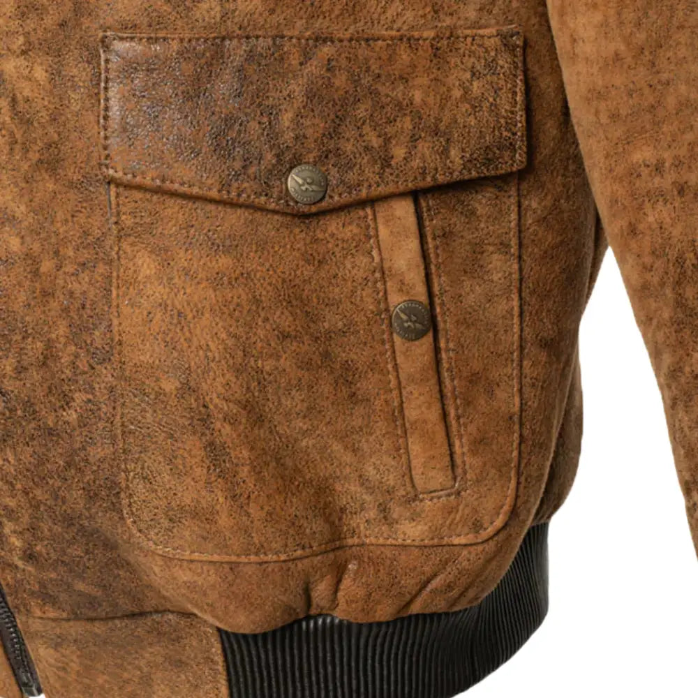 Lucian's distressed brown A2 Bomber shearling jacket