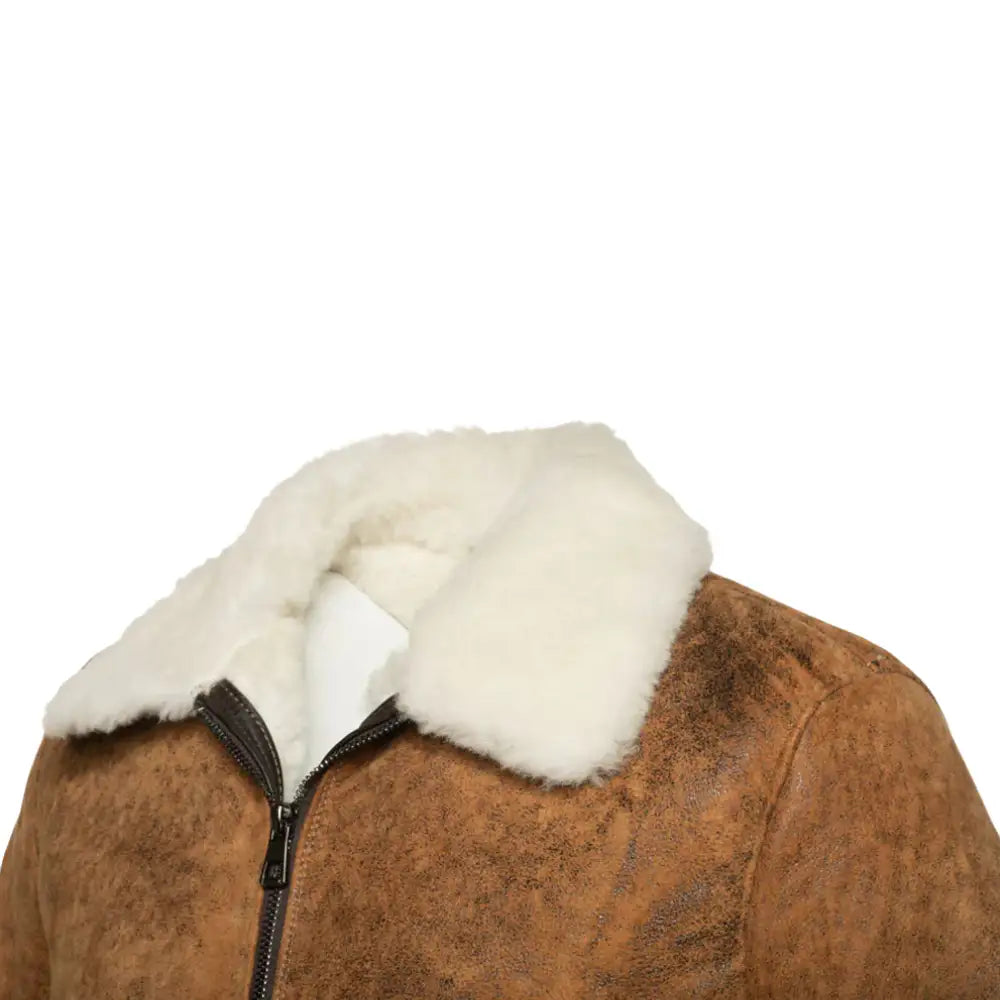 Lucian's distressed brown A2 Bomber shearling jacket