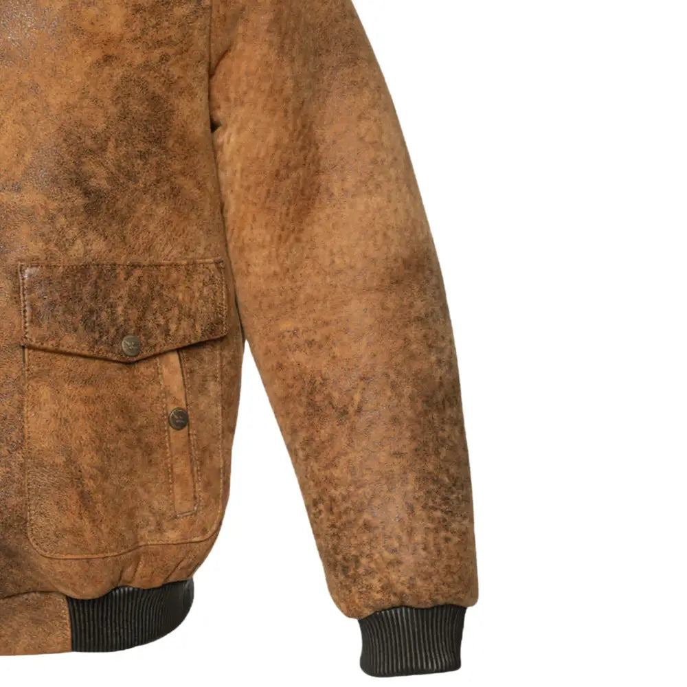 Lucian's distressed brown A2 Bomber shearling jacket