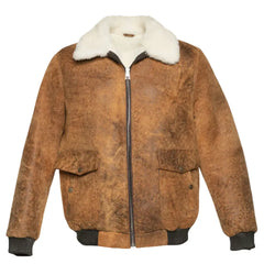 Lucian's distressed brown A2 Bomber shearling jacket