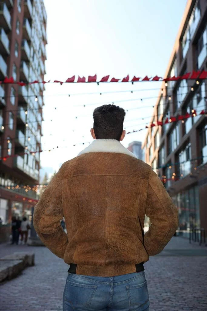Lucian's distressed brown A2 Bomber shearling jacket