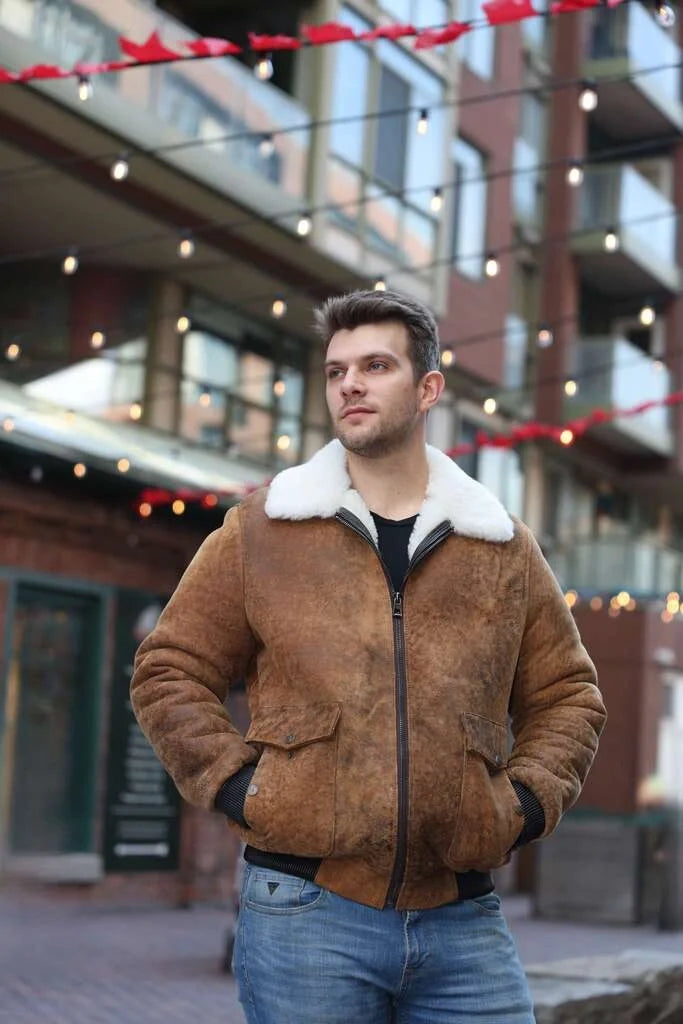 Lucian's distressed brown A2 Bomber shearling jacket