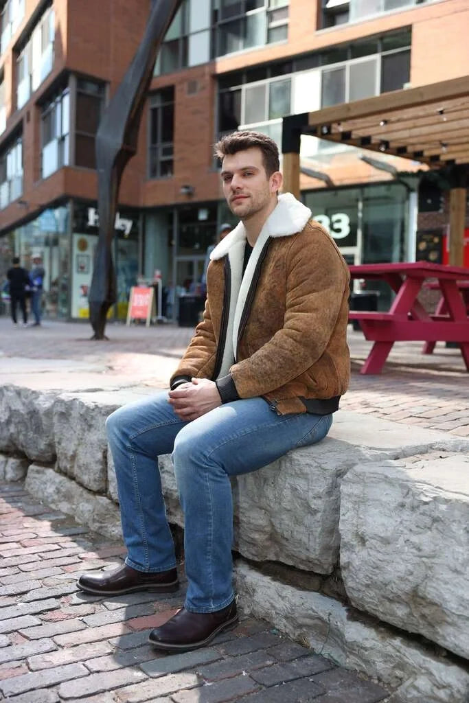 Lucian's distressed brown A2 Bomber shearling jacket