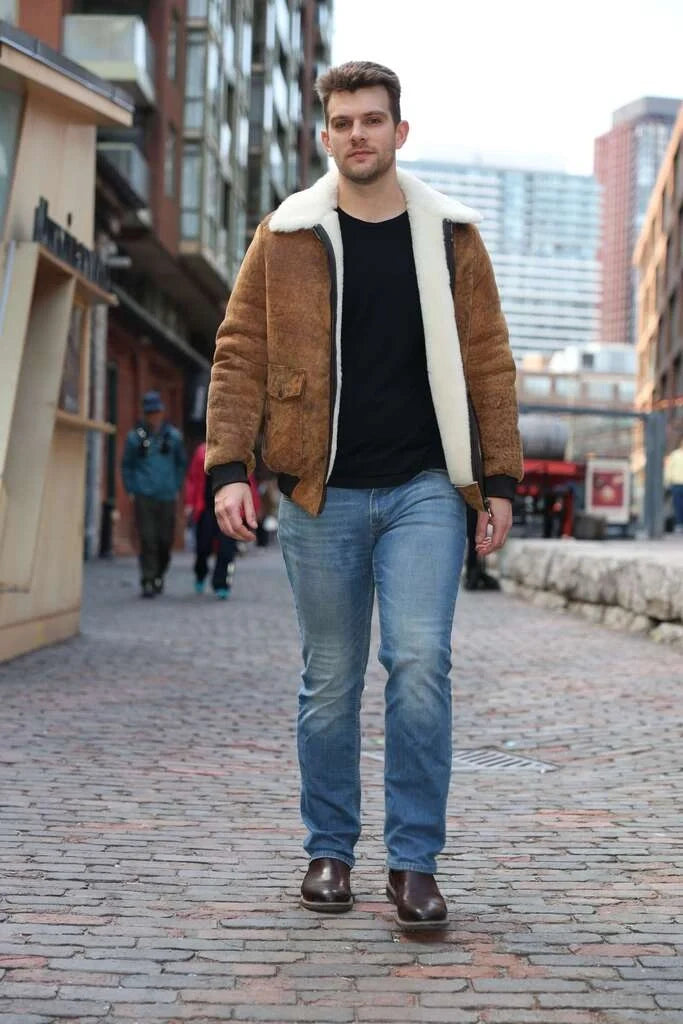 Lucian's distressed brown A2 Bomber shearling jacket