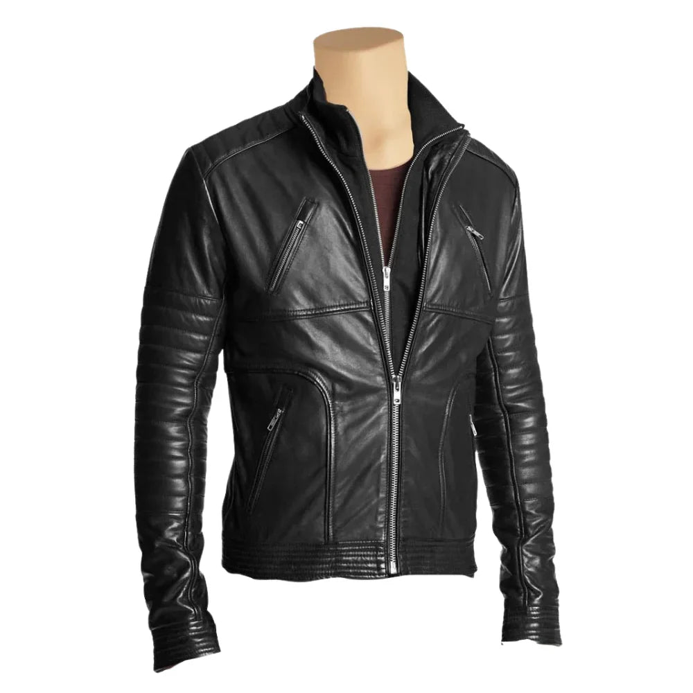 Men's leather jacket with straight zip up collar
