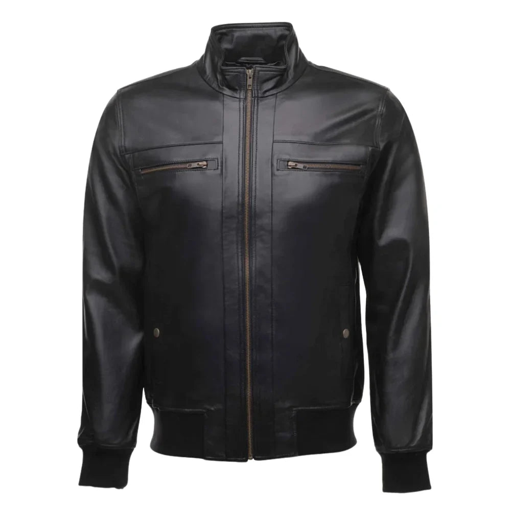 Masons Black Bomber Style Leather Jacket