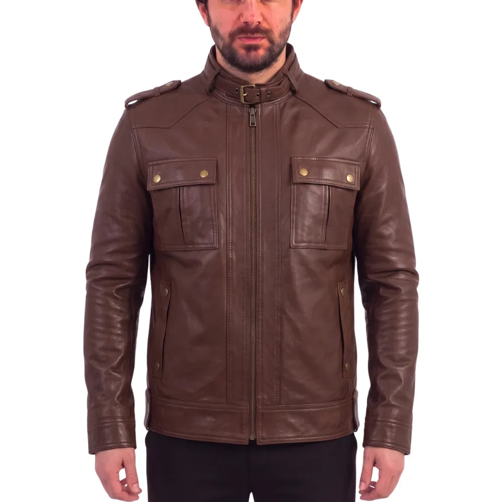 Brown leather jacket with collar belt