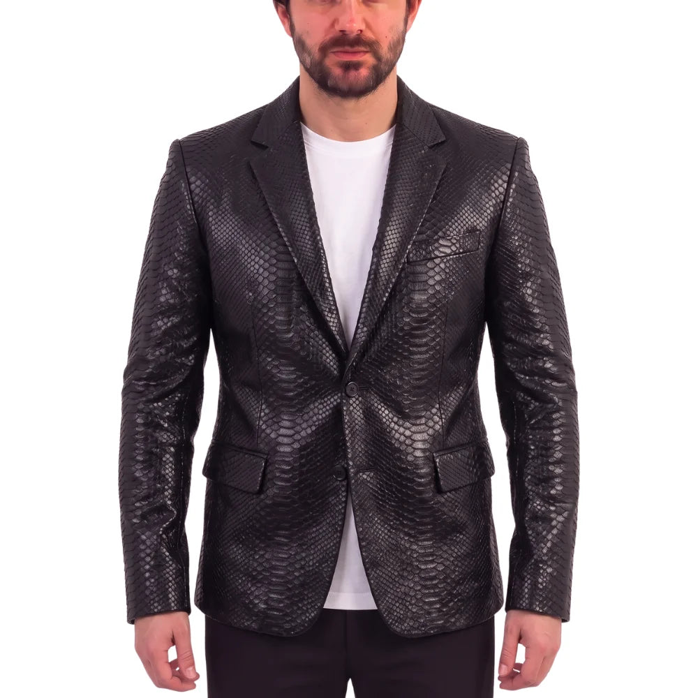 Black snake print leather blazer