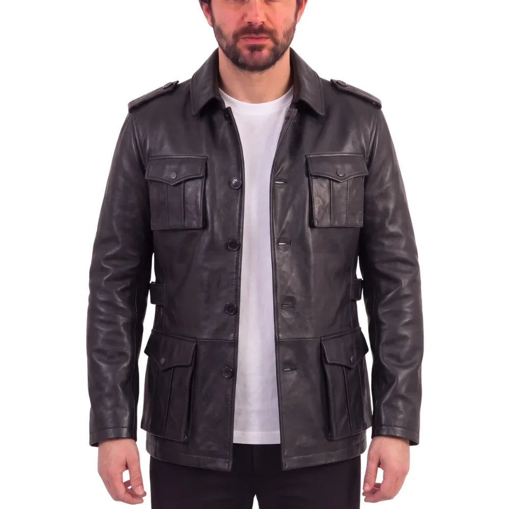 Black leather buttoned up coat