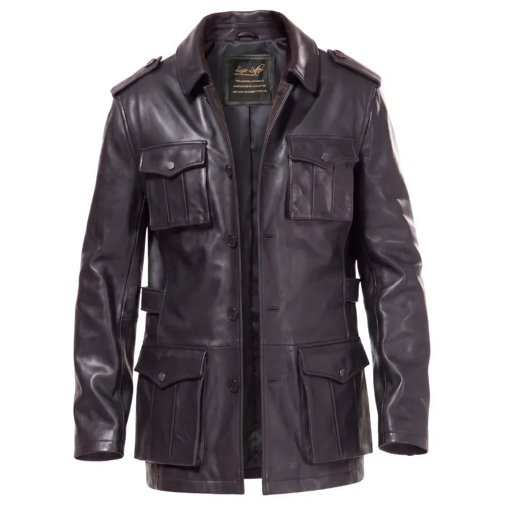Black leather buttoned up coat