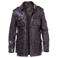 Black leather buttoned up coat