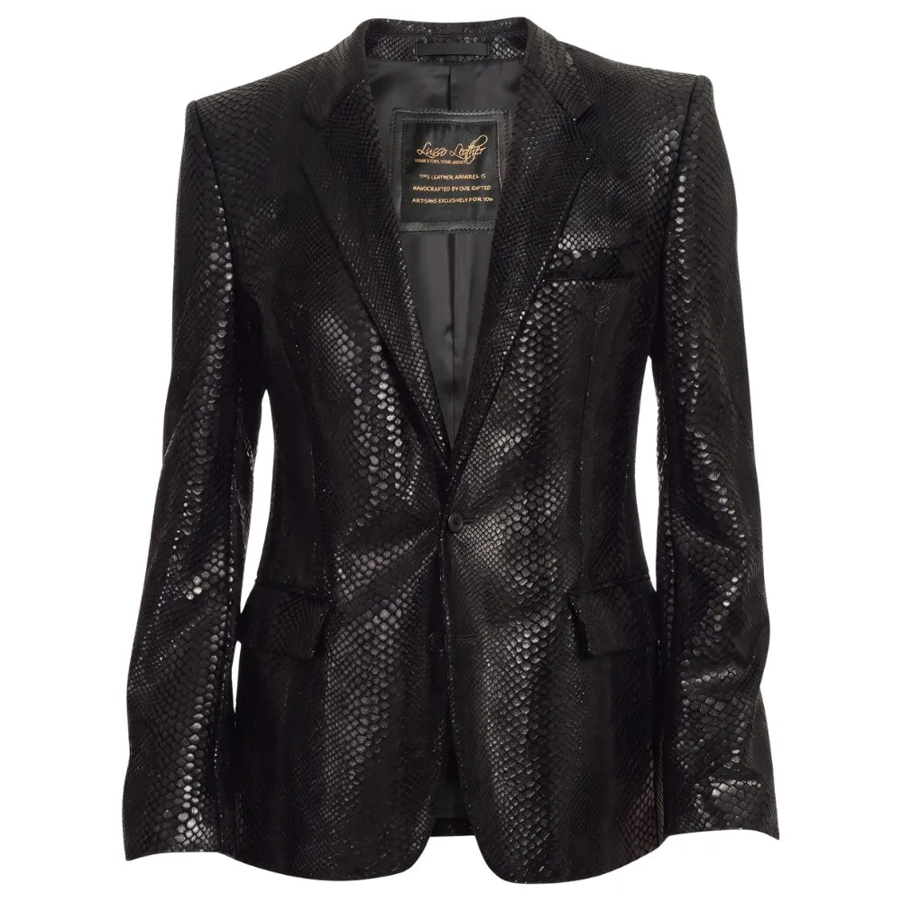 Black snake print leather blazer