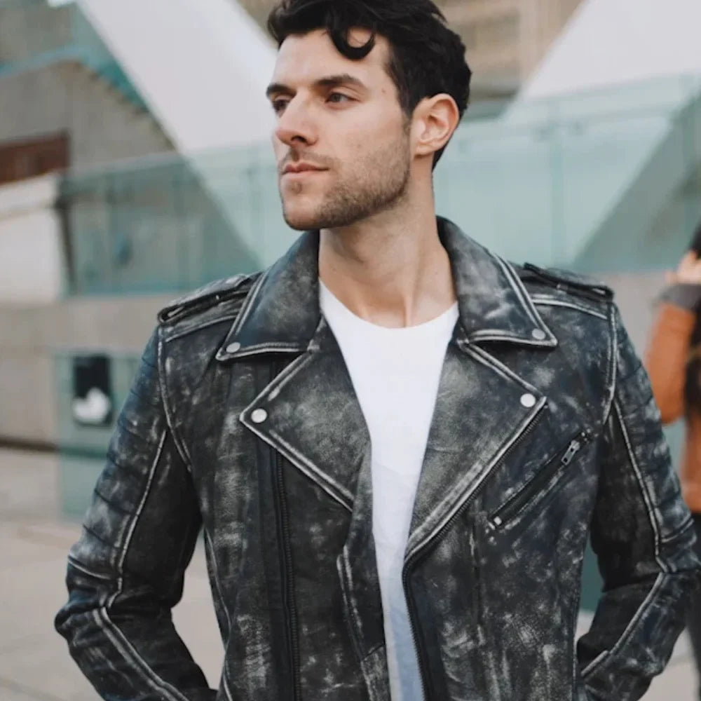 Miles Stone Wash Leather Biker Jacket