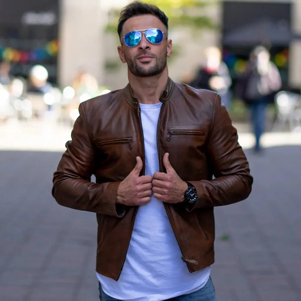 Nick Hawley's Two -Tone brown Cafe racer Leather Jacket