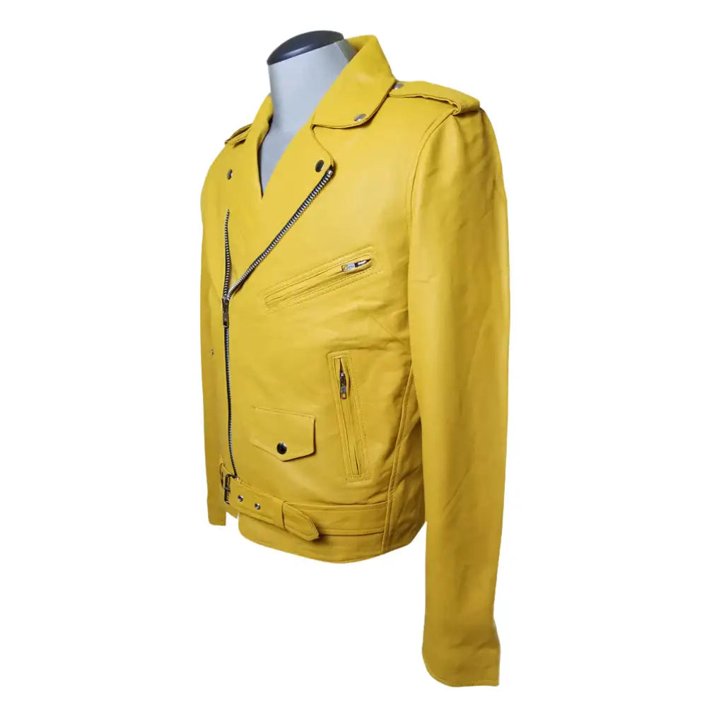 Olson's Yellow Belted Leather Biker Jacket