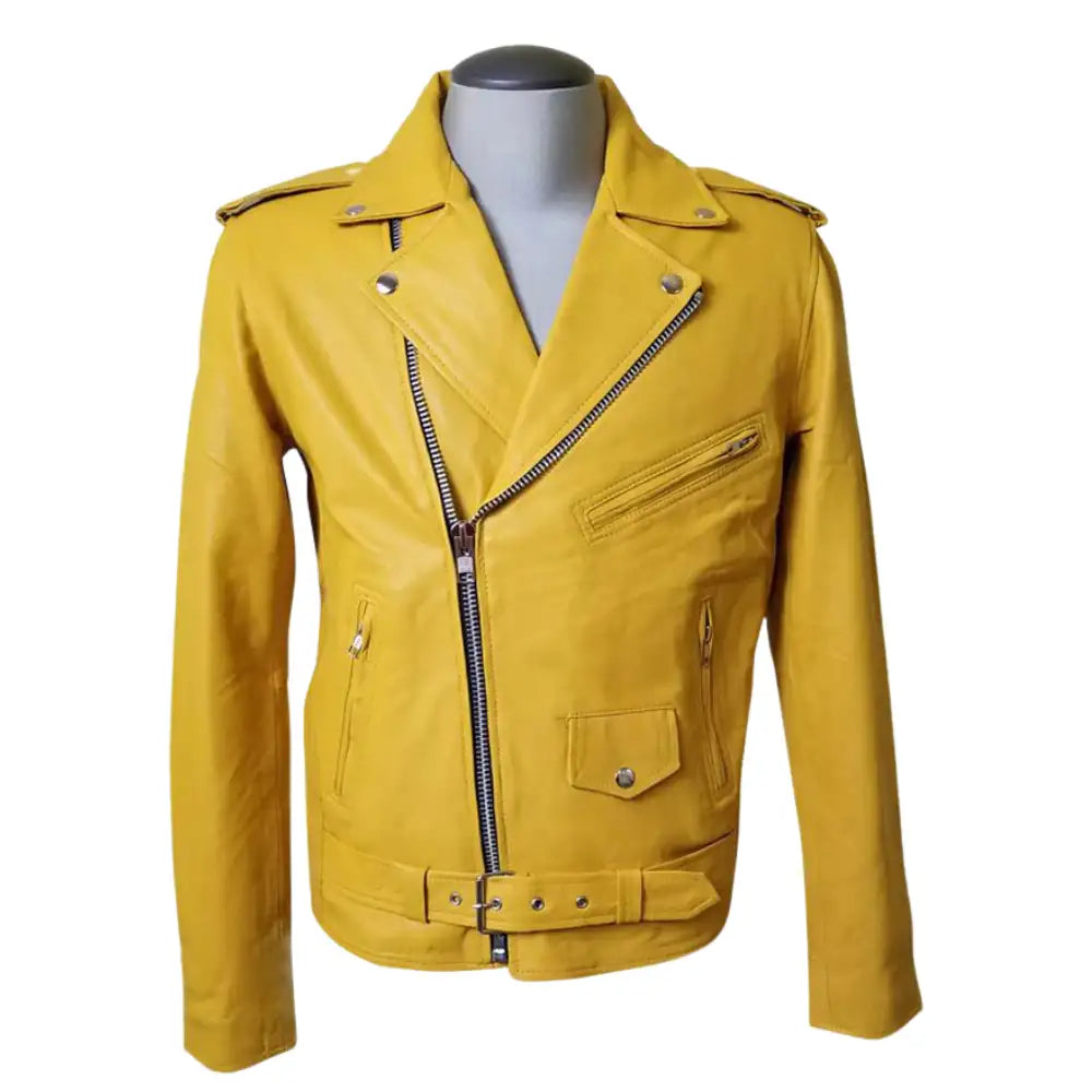 Olson's Yellow Belted Leather Biker Jacket