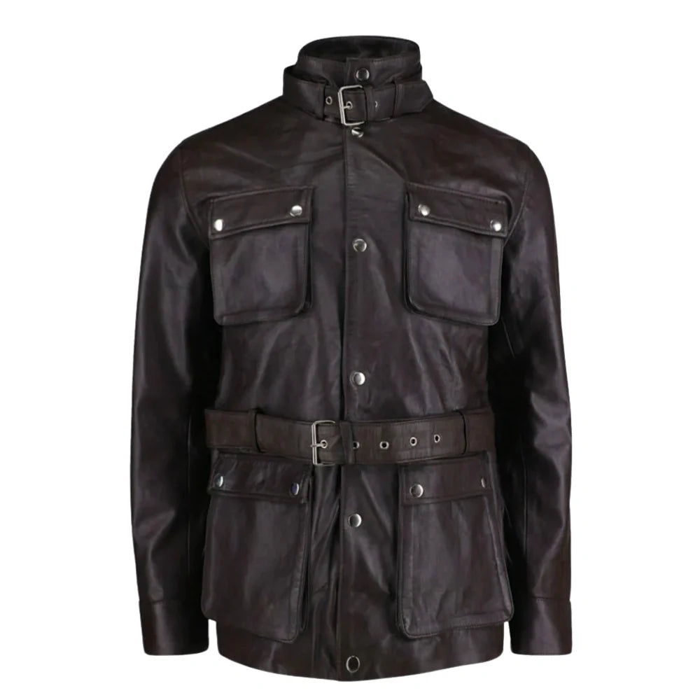 Parker Black Belted leather jacket with large pockets