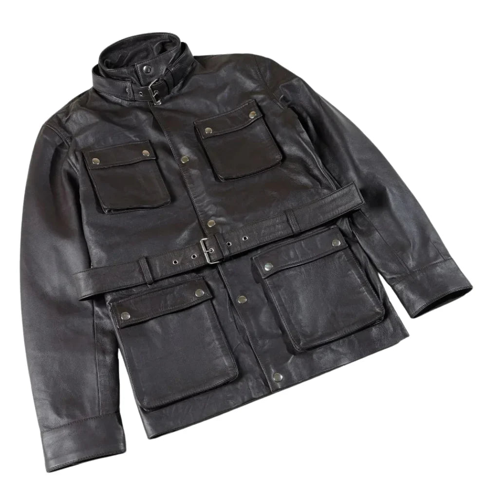 Parker Black Belted leather jacket with large pockets