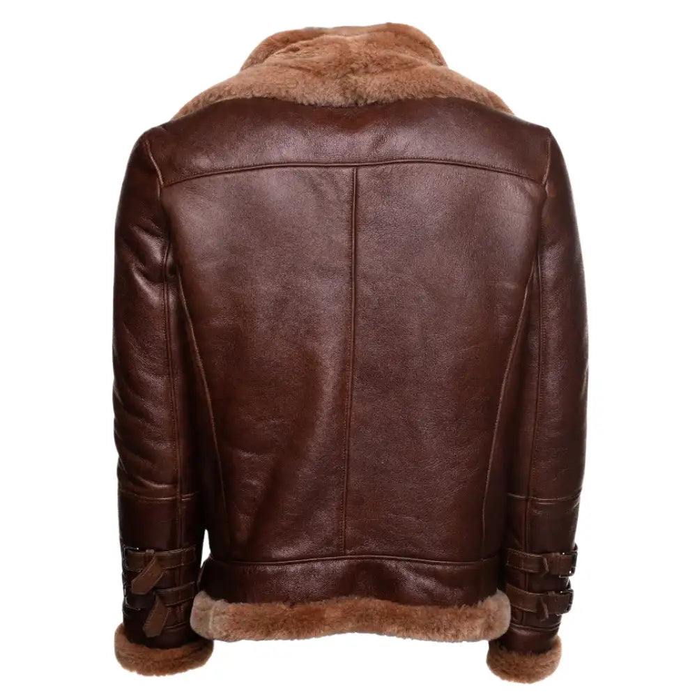 Phan's Brown Aviator bomber shearling jacket with a waist belt