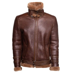 Phan's Brown Aviator bomber shearling jacket with a waist belt