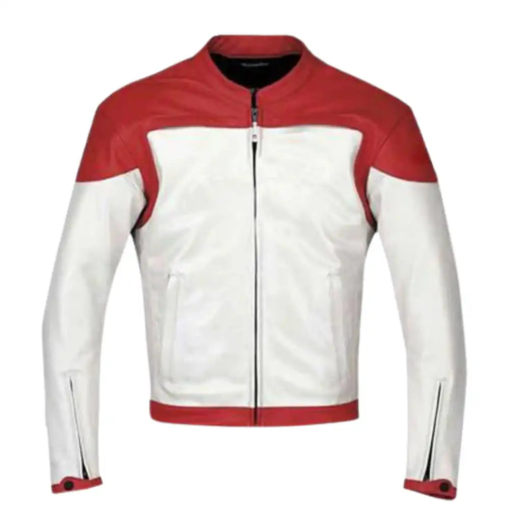 Plain Red & White Armored Leather Motorcycle Jacket