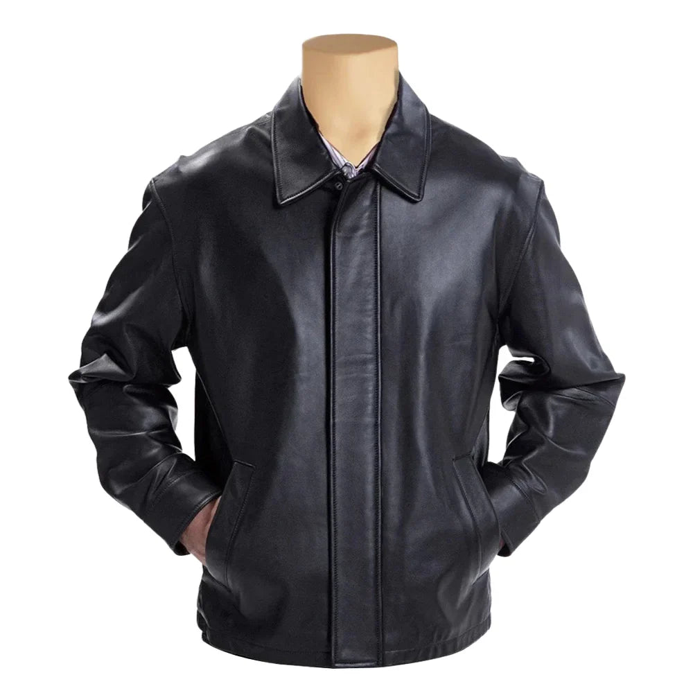 Plain black classic leather jacket with collars