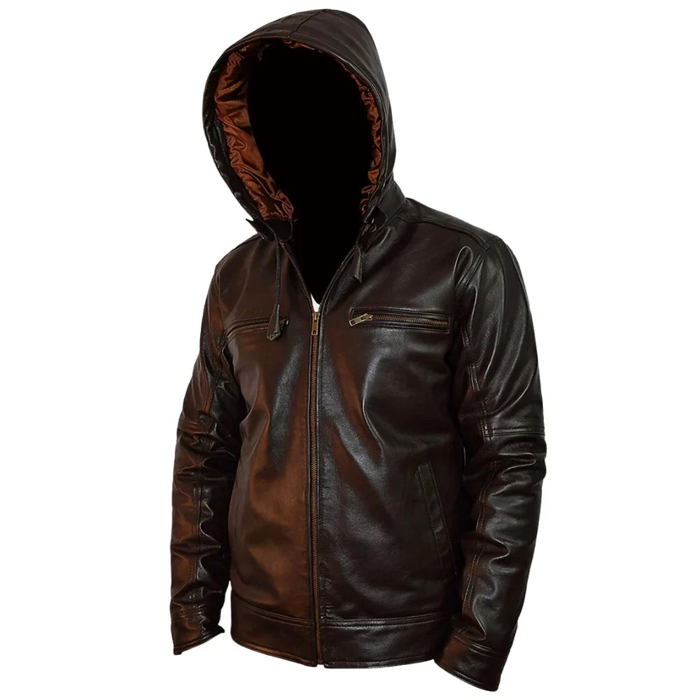 Plain dark brown leather jacket with hoodie